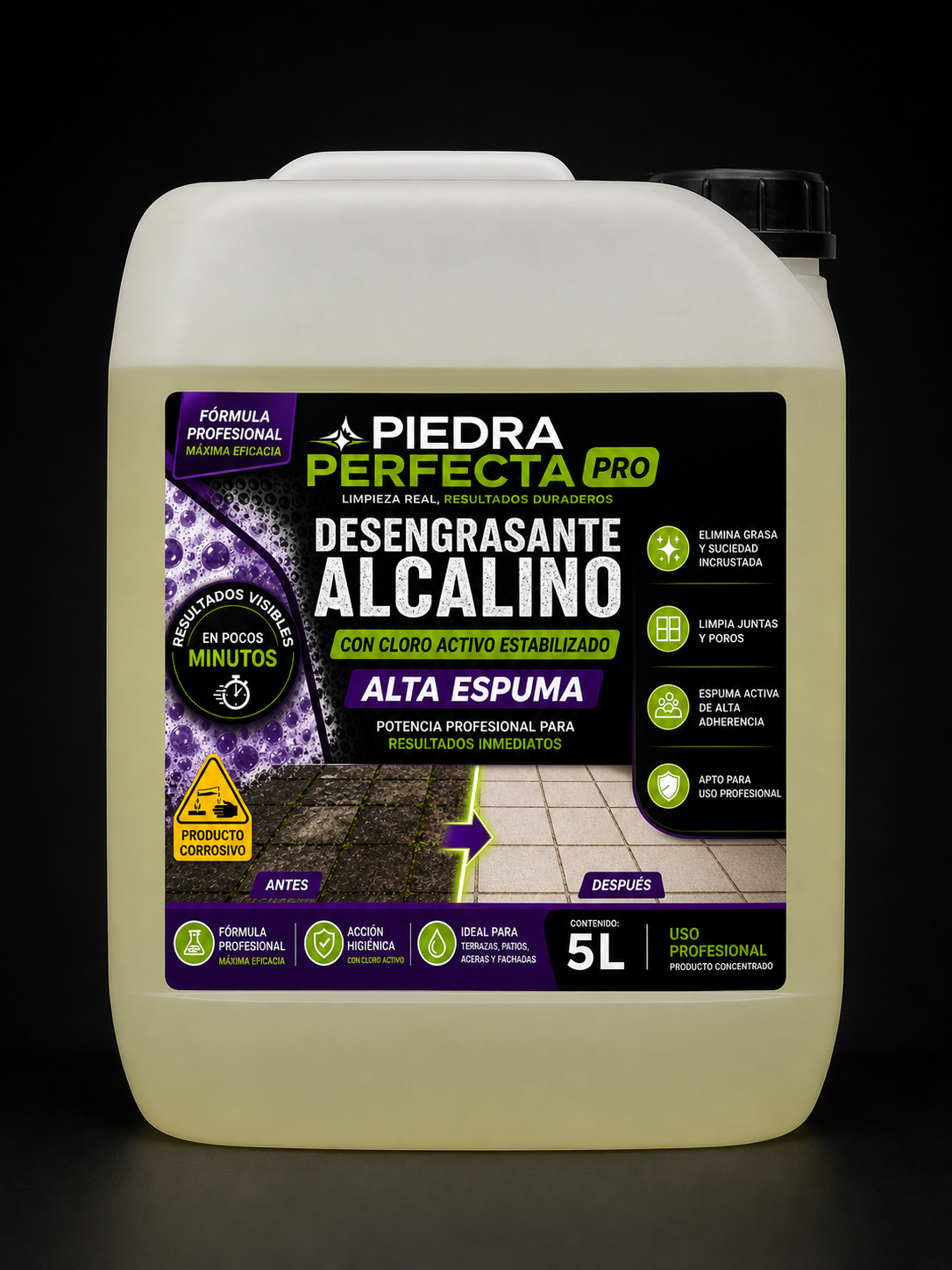 LIMPIADOR ALCALINO PARA TEJADOS Y TEJAS CON CLORO ACTIVO ESTABILIZADO · ALTA ESPUMA  Limpiador profesional concentrado para la limpieza profunda de tejados, tejas y superficies exteriores.  Elimina eficazmente musgo, moho, algas, manchas negras y suciedad incrustada, restaurando el aspecto original de la superficie.  Su fórmula de alta espuma mejora la adherencia y prolonga el tiempo de acción incluso en superficies inclinadas.  Dilución recomendada: 1:3 – 1:4 con agua, según el nivel de suciedad.  Uso profesional. Contenido: 5L.  PELIGRO – PRODUCTO CORROSIVO. Utilizar guantes, gafas y protección adecuada. No mezclar con productos ácidos.