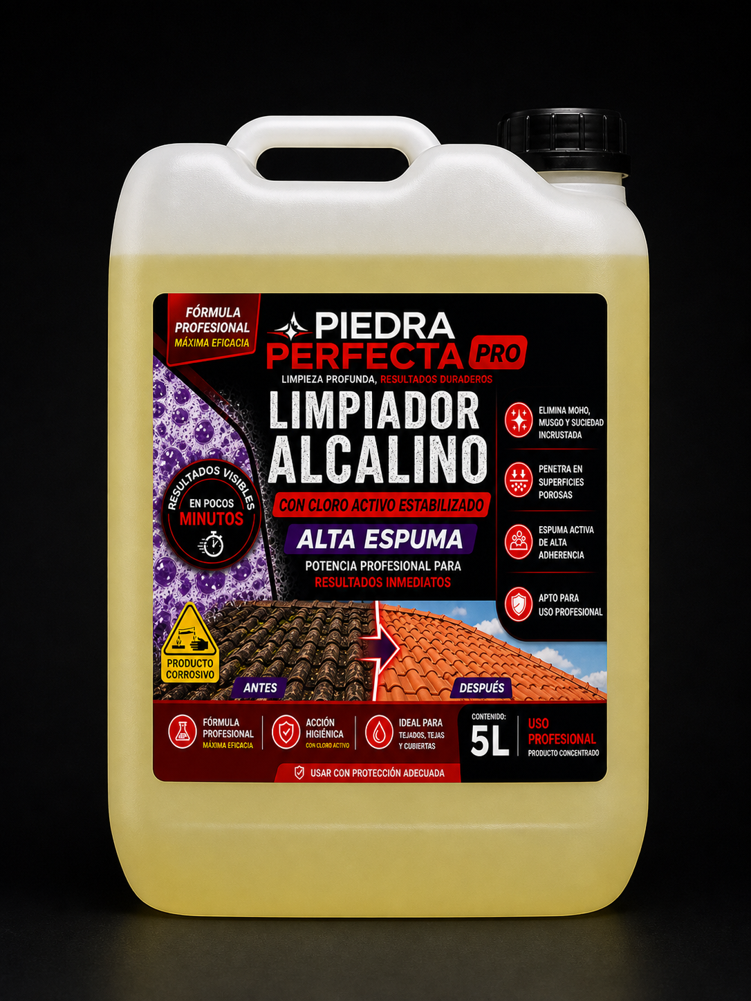 LIMPIADOR ALCALINO PARA TEJADOS Y TEJAS CON CLORO ACTIVO ESTABILIZADO · ALTA ESPUMA  Limpiador profesional concentrado para la limpieza profunda de tejados, tejas y superficies exteriores.  Elimina eficazmente musgo, moho, algas, manchas negras y suciedad incrustada, restaurando el aspecto original de la superficie.  Su fórmula de alta espuma mejora la adherencia y prolonga el tiempo de acción incluso en superficies inclinadas.  Dilución recomendada: 1:3 – 1:4 con agua, según el nivel de suciedad.  Uso profesional. Contenido: 5L.  PELIGRO – PRODUCTO CORROSIVO. Utilizar guantes, gafas y protección adecuada. No mezclar con productos ácidos.