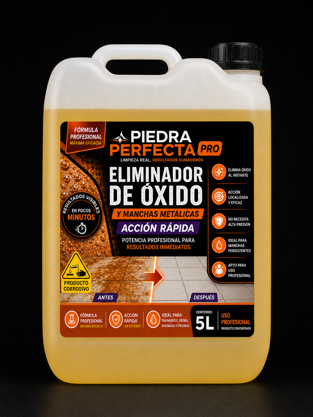 LIMPIADOR ALCALINO PARA TEJADOS Y TEJAS CON CLORO ACTIVO ESTABILIZADO · ALTA ESPUMA  Limpiador profesional concentrado para la limpieza profunda de tejados, tejas y superficies exteriores.  Elimina eficazmente musgo, moho, algas, manchas negras y suciedad incrustada, restaurando el aspecto original de la superficie.  Su fórmula de alta espuma mejora la adherencia y prolonga el tiempo de acción incluso en superficies inclinadas.  Dilución recomendada: 1:3 – 1:4 con agua, según el nivel de suciedad.  Uso profesional. Contenido: 5L.  PELIGRO – PRODUCTO CORROSIVO. Utilizar guantes, gafas y protección adecuada. No mezclar con productos ácidos.