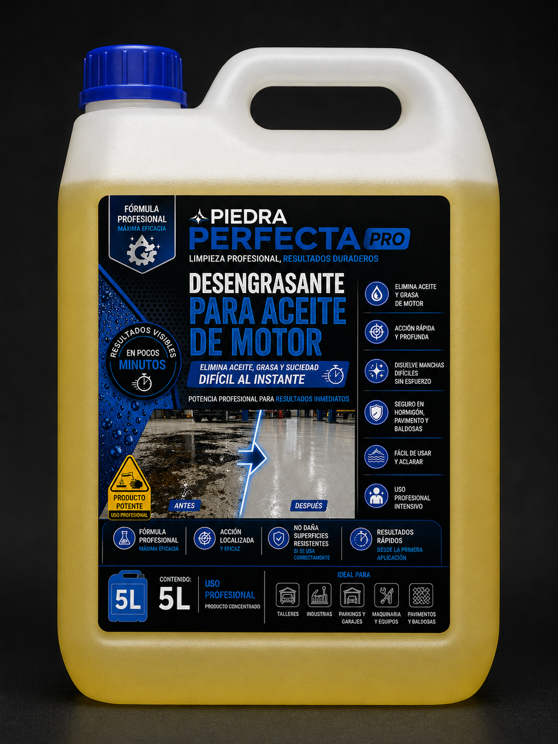 LIMPIADOR ALCALINO PARA TEJADOS Y TEJAS CON CLORO ACTIVO ESTABILIZADO · ALTA ESPUMA  Limpiador profesional concentrado para la limpieza profunda de tejados, tejas y superficies exteriores.  Elimina eficazmente musgo, moho, algas, manchas negras y suciedad incrustada, restaurando el aspecto original de la superficie.  Su fórmula de alta espuma mejora la adherencia y prolonga el tiempo de acción incluso en superficies inclinadas.  Dilución recomendada: 1:3 – 1:4 con agua, según el nivel de suciedad.  Uso profesional. Contenido: 5L.  PELIGRO – PRODUCTO CORROSIVO. Utilizar guantes, gafas y protección adecuada. No mezclar con productos ácidos.
